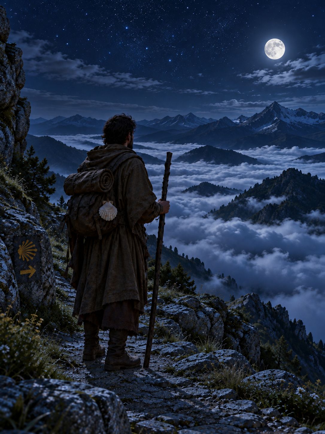 The pilgrim on a high mountain pass under a full moon, a sea of clouds filling the valleys below