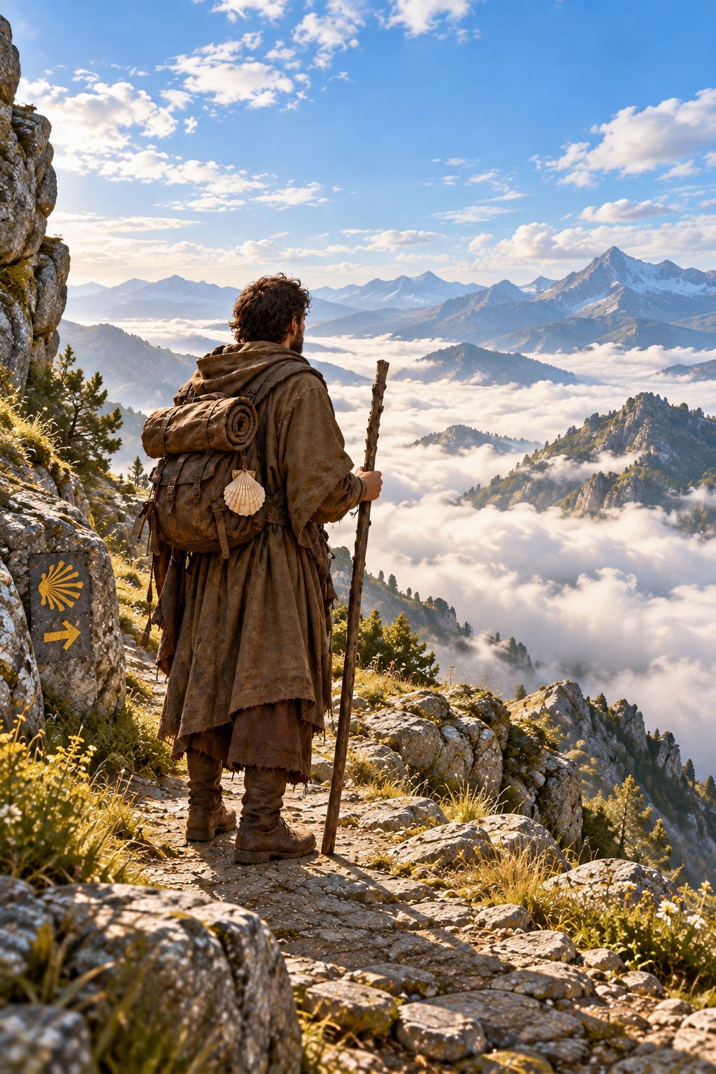The pilgrim above the sea of clouds in daylight